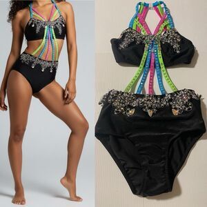 Glamour solo dance costume 2 piece style neon black bedazzled LC-large child